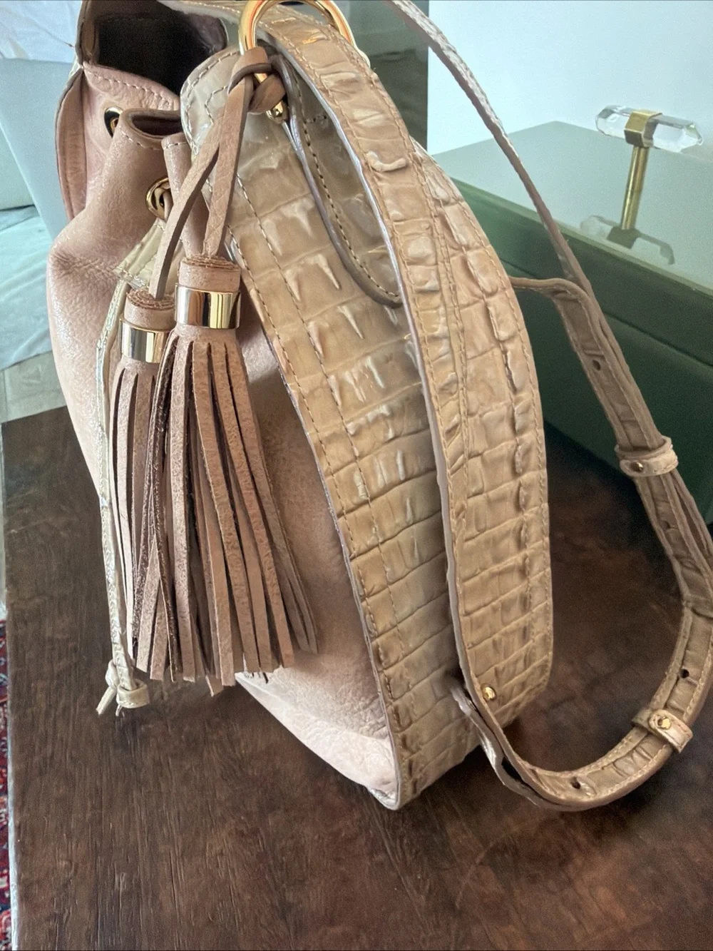Brahmin Blush Taupe Drawstring Hobo Bucket Bag alligator embossed Tassel